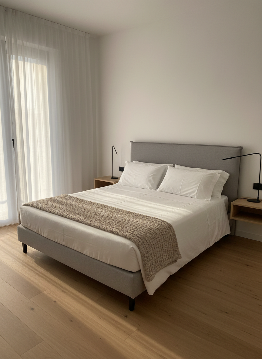 A serene master bedroom in a Pizzo vacation apartment, with a queen-size bed dressed in pristine white cotton linens and a textured taupe throw neatly folded at the foot. The headboard is upholstered in a soft dove-gray fabric, flanked by slim floating nightstands with minimalist reading lamps. A floor-to-ceiling window is framed by sheer white curtains, diffusing warm morning sunlight across the room and creating gentle, elongated shadows on the light wood floor. The mood is peaceful and luxurious. Photographic realism, eye-level composition with a slightly off-center framing, capturing the bed as the focal point and maintaining a clean, uncluttered, sophisticated aesthetic.