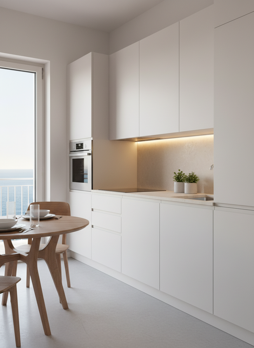 A bright, meticulously designed modern kitchen and dining area inside a Pizzo holiday apartment, featuring matte white cabinetry without handles, a sleek built-in oven, and a smooth stone countertop in light beige. A compact wooden dining table with sculpted legs is set with simple ceramic plates and clear water glasses, positioned near a balcony door that lets in abundant Mediterranean daylight. Under-cabinet LED strips add a warm glow to the backsplash. The atmosphere is welcoming yet refined. Photographic realism, captured from a slightly elevated corner angle to show both kitchen and dining, with crisp detail and soft, natural shadows for a clean, contemporary look.