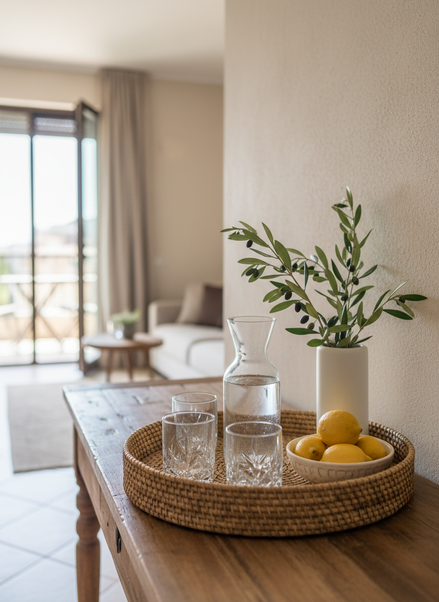 A tastefully arranged guest welcome setup on a console table inside the Pizzo vacation apartment: a woven tray with a glass carafe of water, two crystal tumblers, a small bowl of fresh local lemons, and a simple ceramic vase with olive branches. The table stands against a smooth, light-colored wall, with a subtle glimpse of the living area and balcony door softly blurred in the background. Natural midday light enters from the side, creating delicate reflections on the glass and a fresh, airy feel. The mood is refined and hospitable. Photographic realism, close-up composition with shallow depth of field, highlighting attentive amenities and sophisticated details.