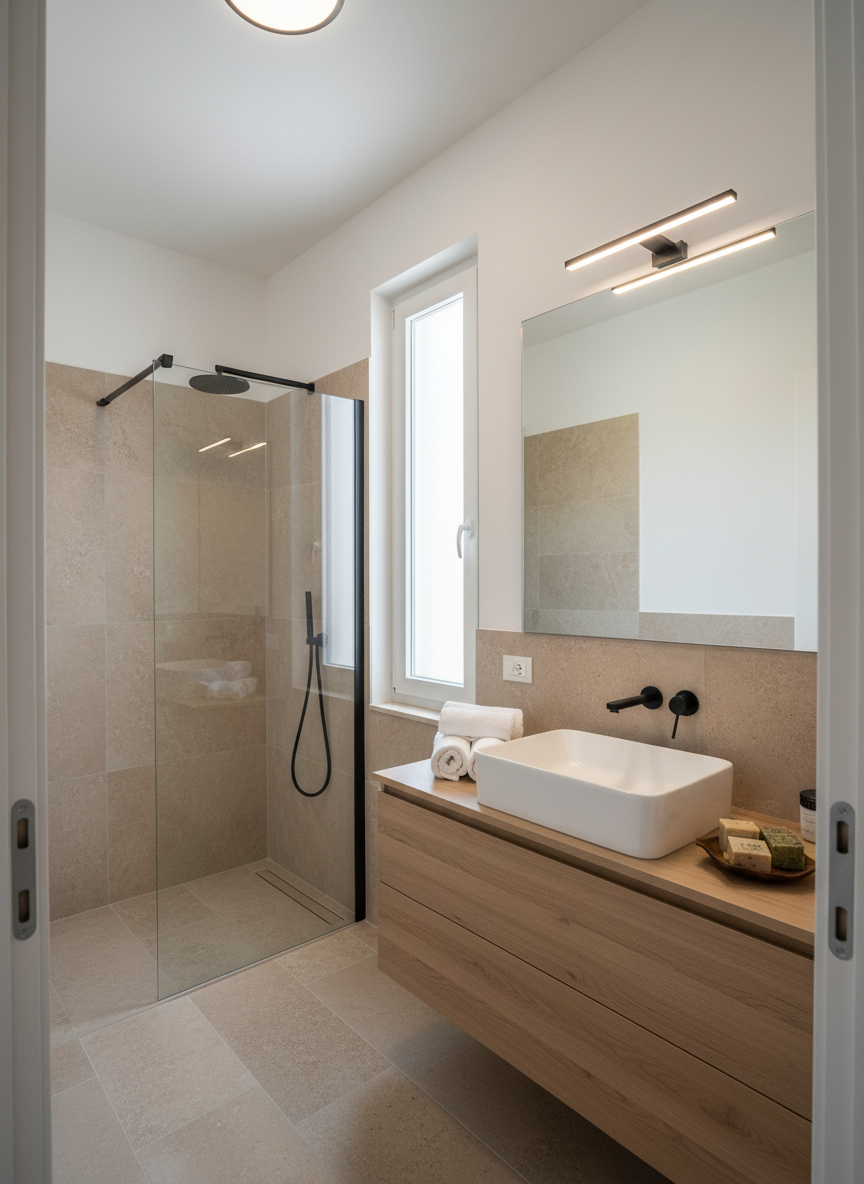 A modern, spa-like bathroom inside a Pizzo vacation apartment, with a walk-in glass shower featuring large-format stone tiles in soft sand tones and a black rainfall showerhead. A floating vanity in light oak supports a rectangular white vessel sink with a minimalist black faucet. Rolled white towels and a small tray with artisanal soaps rest neatly beside the sink. Diffused overhead lighting and a narrow frosted window provide a gentle, even illumination, creating soft reflections on the mirror. The mood is fresh, hygienic, and refined. Photographic realism, captured from the doorway with a slightly wide angle, showcasing both shower and vanity in a clean, sophisticated layout.
