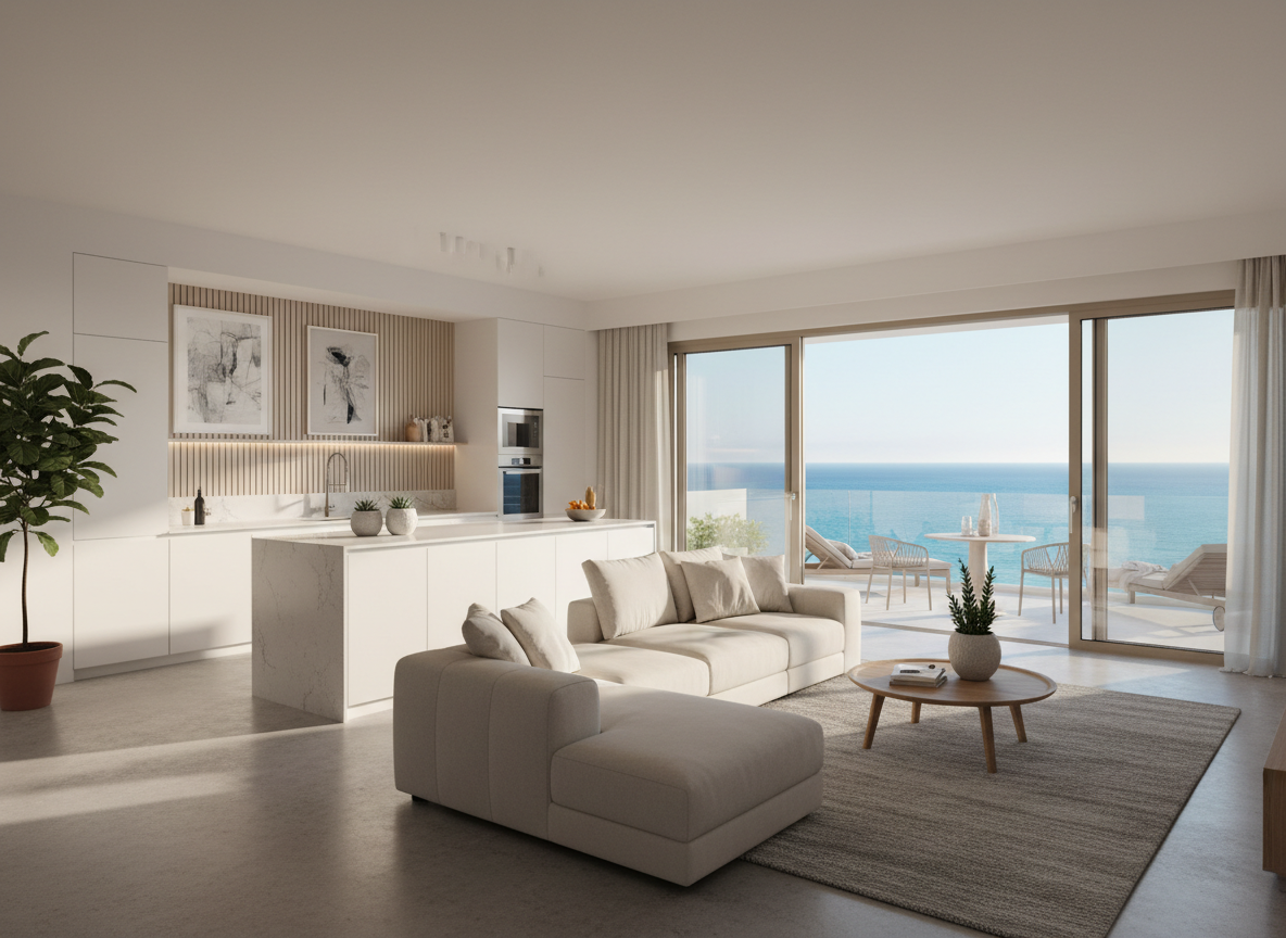 A wide, inviting view of the open-plan layout of a Pizzo vacation apartment, showing the seamless transition from the living room to the kitchen and out to a sunlit balcony. A neutral palette of whites, soft grays, and warm wood tones ties the spaces together, with carefully chosen decor elements like abstract wall art and a few potted green plants. Floor-to-ceiling glass doors flood the interior with Mediterranean daylight, producing soft, natural shadows and a bright, airy feel. Photographic realism, captured with a wide-angle lens from the interior corner, sharp focus throughout, emphasizing space, comfort, and sophisticated modern design.