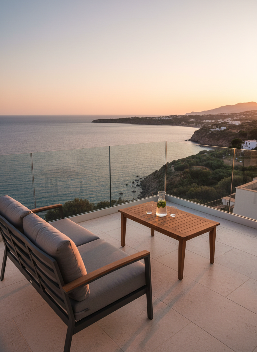 A stylish balcony of a Pizzo holiday apartment overlooking the sea, with a sleek charcoal-gray outdoor sofa featuring plush, weather-resistant cushions and a low teak coffee table holding a carafe of infused water and two empty glasses. The balcony floor is tiled in large, light stone slabs, and a glass railing reveals an unobstructed view of the blue water and distant coastline. Soft sunset light casts a warm glow over the scene, creating long, gentle shadows and a tranquil atmosphere. Photographic realism, wide-angle shot from the corner of the balcony, emphasizing both the inviting seating area and the panoramic view in a balanced, sophisticated composition.
