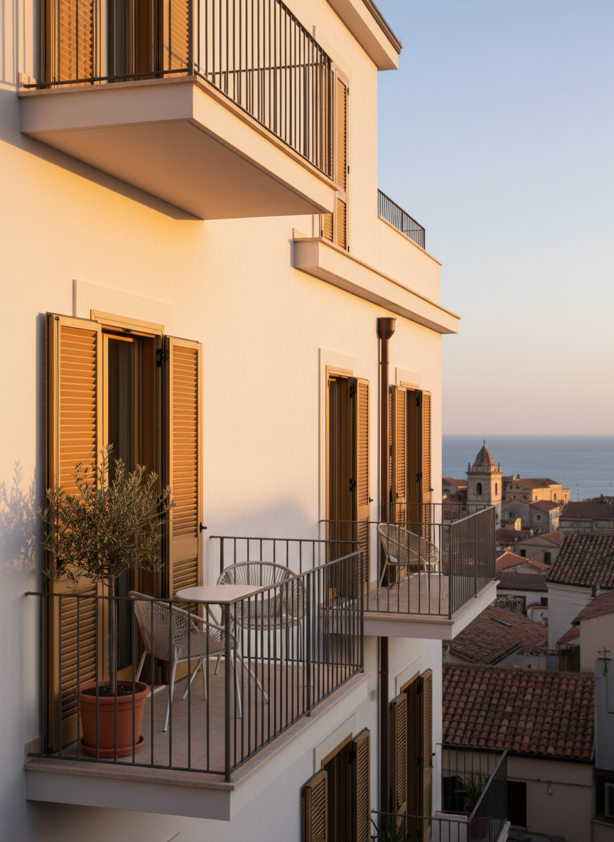 The exterior façade of a contemporary holiday apartment building in Pizzo, with a private balcony featuring a small bistro table and two sculptural outdoor chairs in neutral tones. Smooth white stucco walls contrast with dark metal balcony railings and warm wooden shutters. In the distance, softly blurred, the historic town’s rooftops and a hint of coastline are visible. Late golden-hour sunlight bathes the building, creating warm highlights and defined shadows that emphasize architectural lines. Photographic realism, shot from street level with a slight upward angle, using the rule of thirds so the balcony feels like a quiet, exclusive retreat within the vibrant Italian setting.
