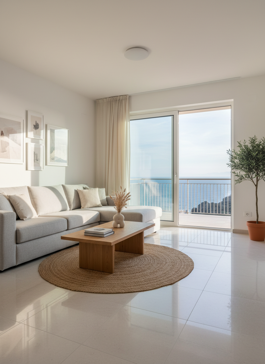A modern, elegant vacation apartment living room in Pizzo, Italy, with a spacious light-gray linen sofa, low oak coffee table, and a large sliding glass door opening to a balcony with a glimpse of the Tyrrhenian Sea. The floor is pale porcelain tile, perfectly polished, with a woven jute rug anchoring the seating area. Soft late-afternoon natural light filters in, casting gentle shadows and subtle reflections on the glass surfaces. The mood is calm and sophisticated, with a clean, minimalist aesthetic. Photographic realism, shot at eye level with a wide-angle lens, sharp focus throughout, using the rule of thirds so the balcony view and interior comfort feel equally inviting.