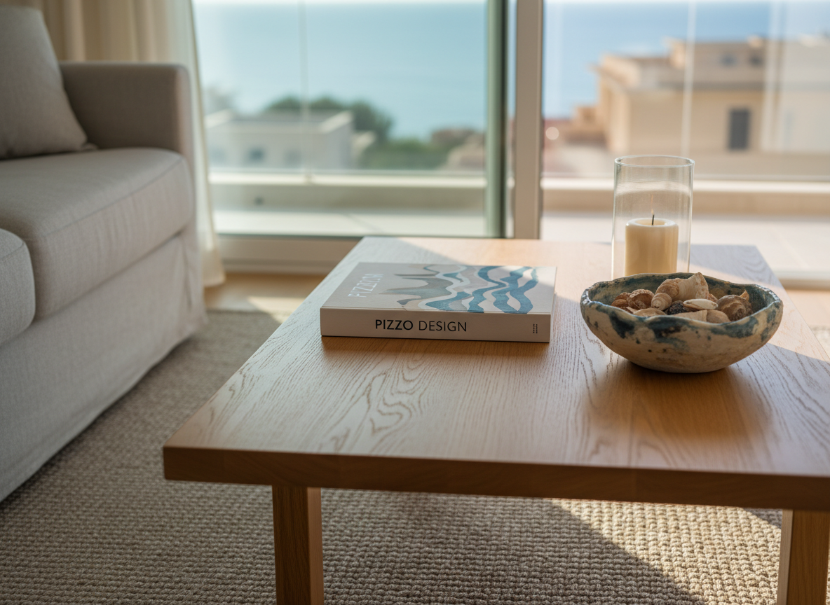 A refined detail view of the Pizzo holiday apartment’s living area, focusing on a low oak coffee table styled with a hardcover design book, a textured ceramic bowl with seashells, and a slim glass candle holder. The table sits atop a soft, neutral-toned rug, with the edge of a light-gray sofa and a distant blur of the balcony door framing the scene. Gentle afternoon light enters from the side, creating soft highlights on the wood grain and subtle shadow patterns on the rug. The atmosphere is relaxed yet curated. Photographic realism, close-up shot with shallow depth of field, highlighting the sophisticated, coastal-inspired decor accents.